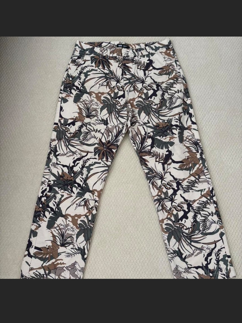 Vans Leaf-Print Chino Pants in Cream, Brown & Olive